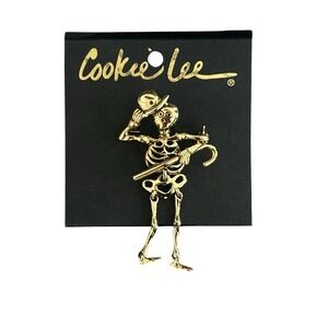 Cookie Lee Halloween Skeleton Pin Brooch Articulated Dangling Punk Goth Gold New